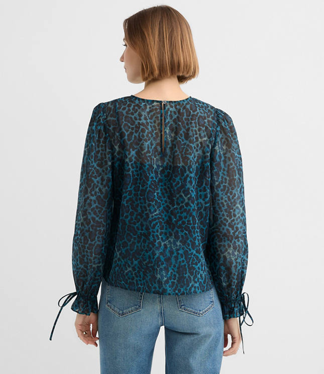 Petite Leopard Print Ruffle Tie Cuff Blouse