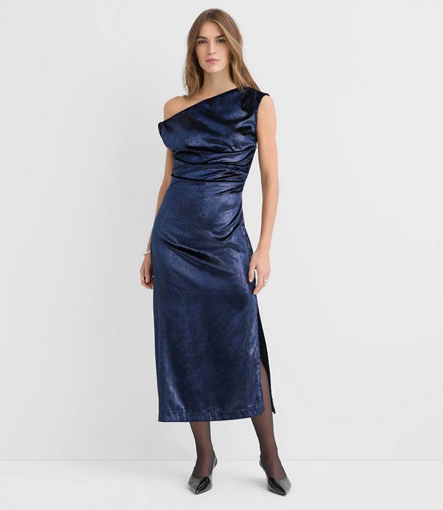 Petite Velvet Ruched Off The Shoulder Midi Dress