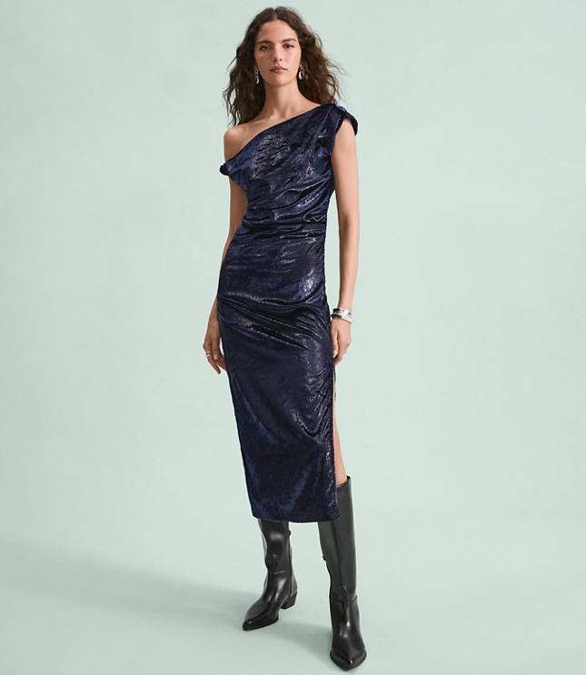 Petite Velvet Ruched Off The Shoulder Midi Dress