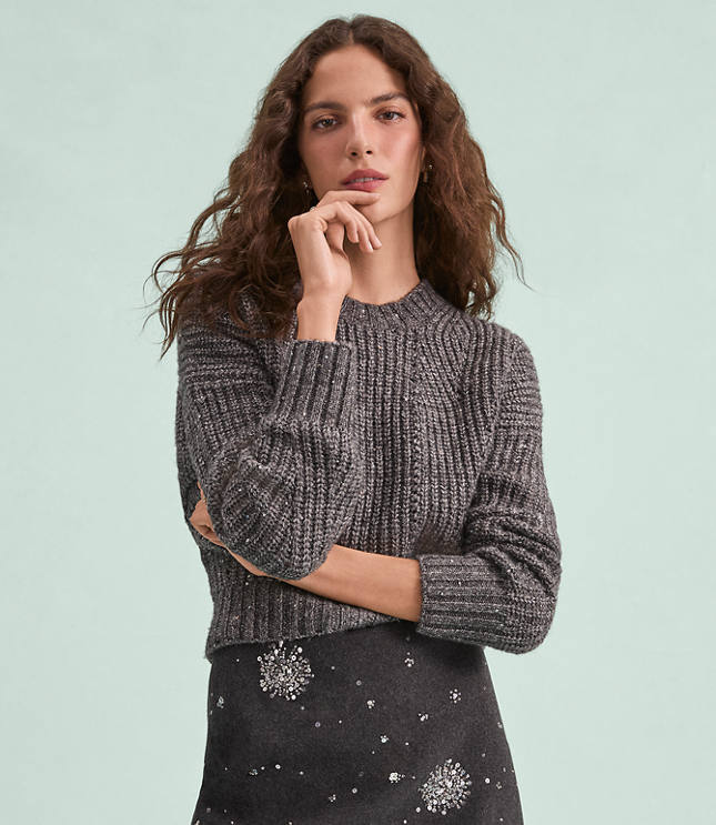 Petite Sequin Pointelle Ribbed Relaxed Sweater