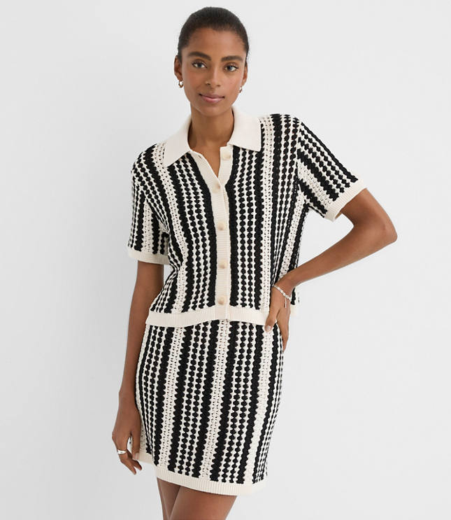 LOFT Beach Striped Crochet Polo Cardigan