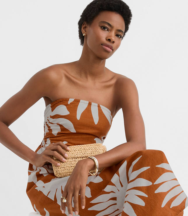 LOFT Beach Floral Side Ruched Linen Cotton Strapless Maxi Dress