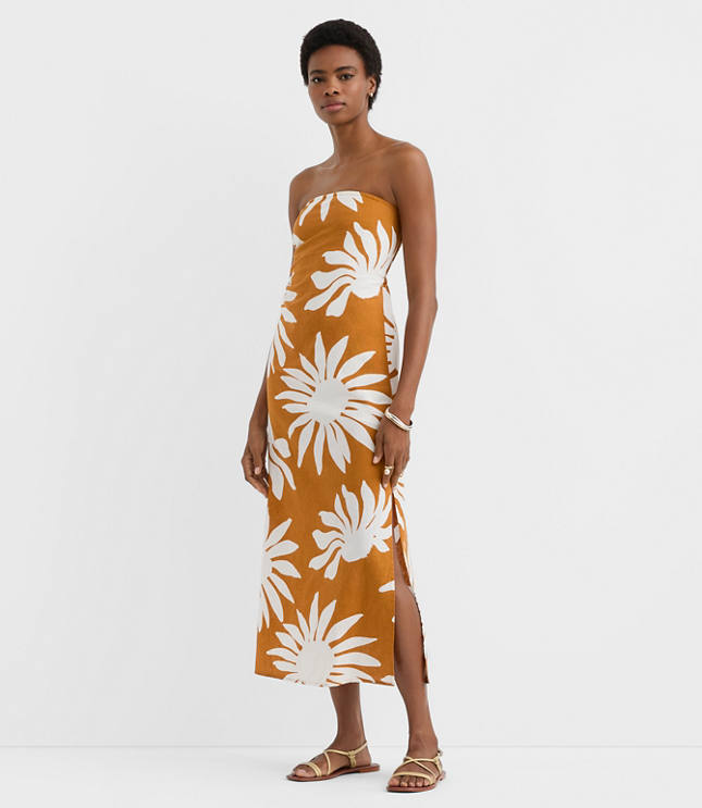 LOFT Beach Floral Side Ruched Linen Cotton Strapless Maxi Dress