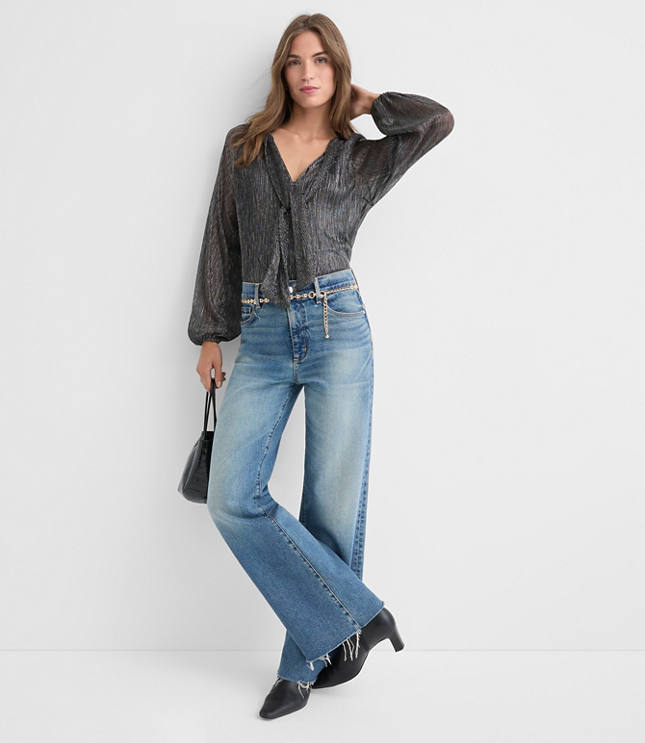 Petite Metallic Shirred Tie Neck Blouse