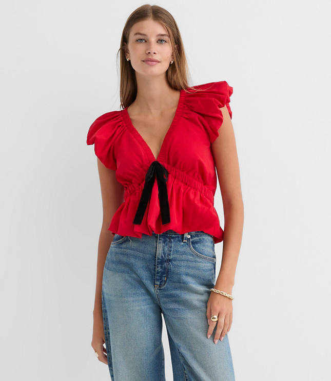 Velvet Bow Flutter Peplum Top