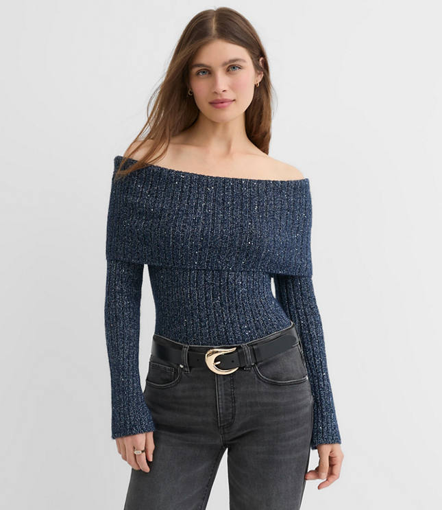 Petite Shimmer Ribbed Flare Sleeve Off The Shoulder Sweater
