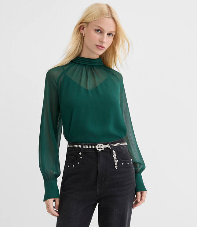 Petite Pleated Mock Neck Blouse