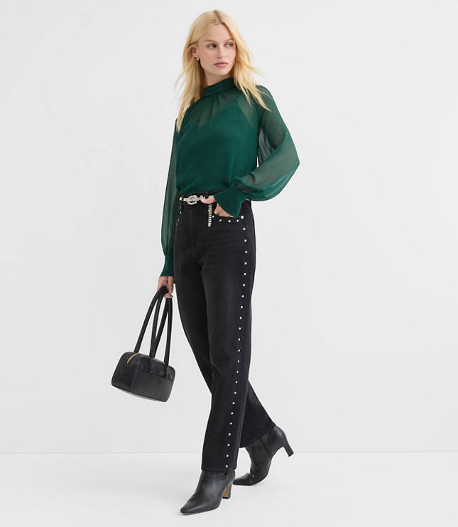 Petite Pleated Mock Neck Blouse