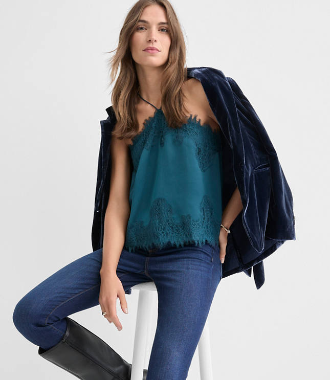 Petite Lace Trim Halter Strappy Cami