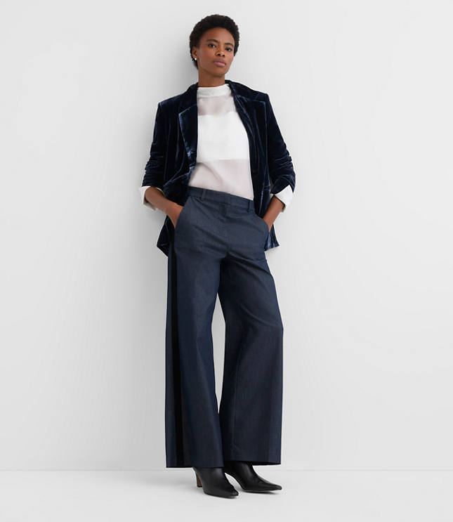 Petite Velvet Tuxedo Stripe Clean Wide Leg Pants in Refined Denim