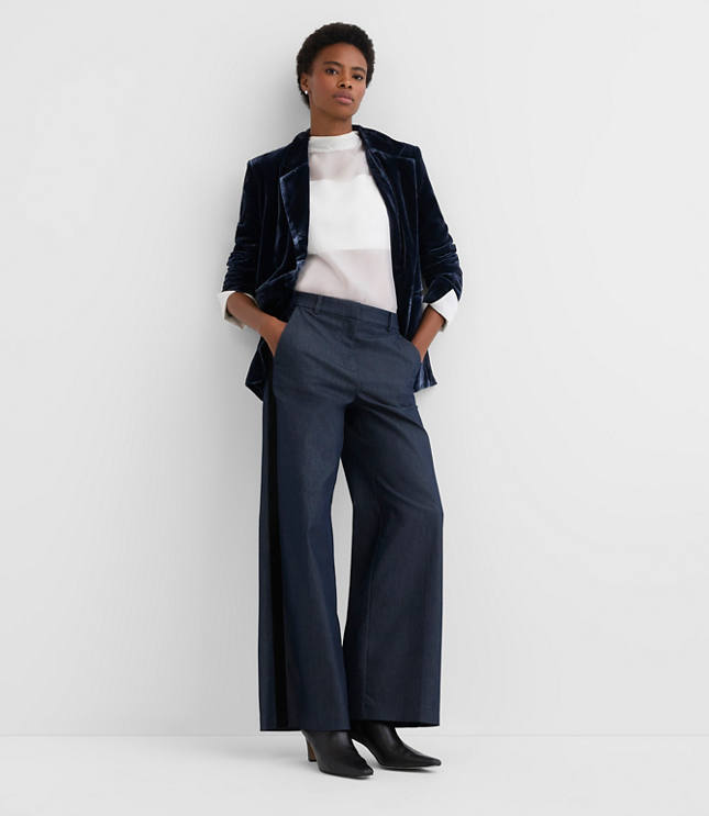Tall Velvet Tuxedo Stripe Clean Wide Leg Pants in Refined Denim