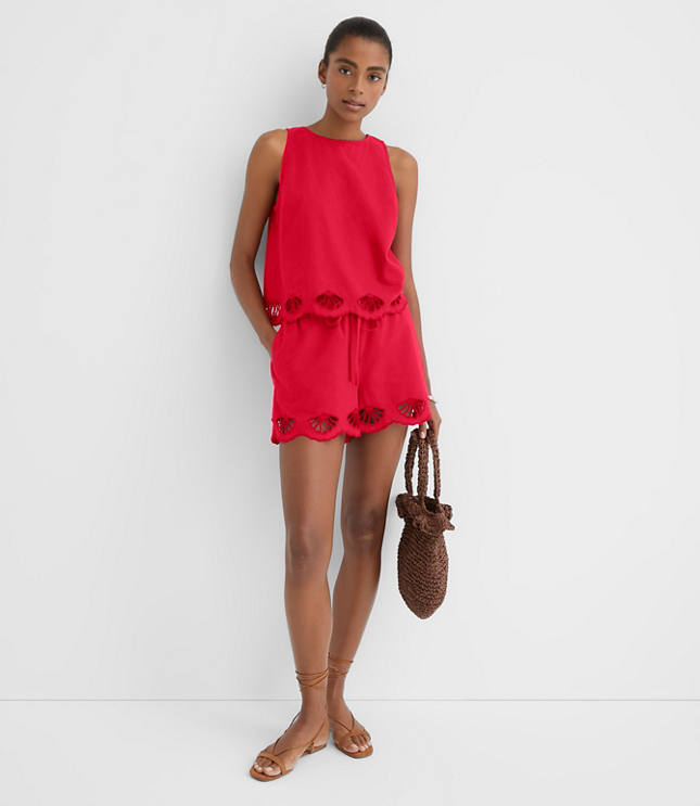 LOFT Beach Seashell Embroidered Linen Cotton Shorts