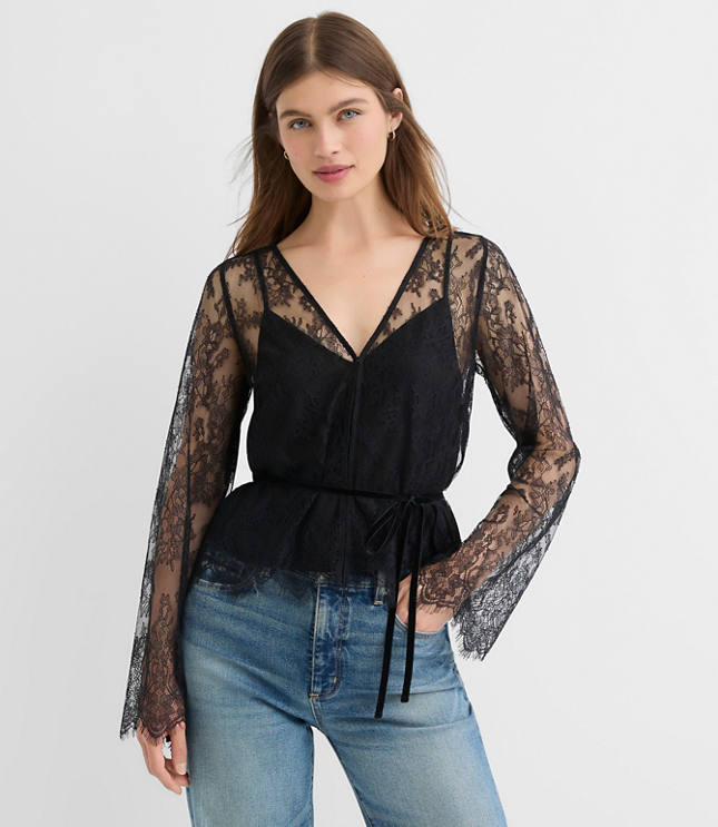 Petite Velvet Tie Chantilly Lace Blouse