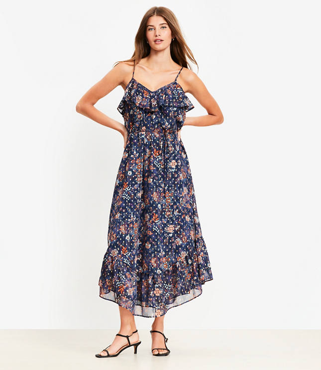Shimmer Garden Ruffle Midi Dress