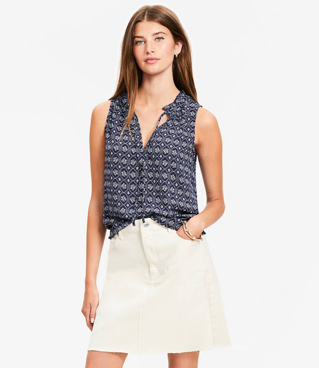 Petite Floral Tile Ruffle Tie Neck Mixed Media Blouse