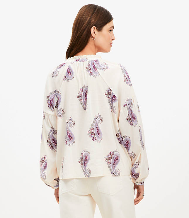Petite Paisley Draped Sleeve Henley Blouse