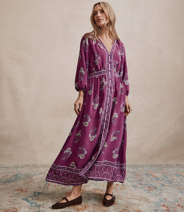 Floral Puff Sleeve Button Midi Dress
