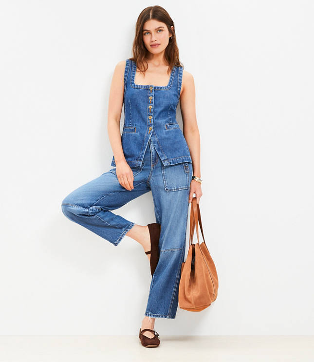 Denim Square Neck Pocket Vest Top in Classic Mid Wash