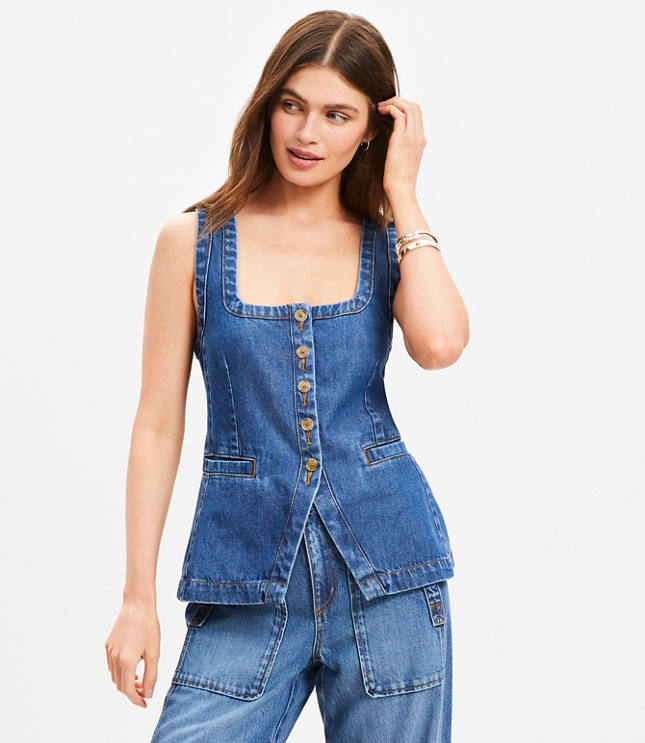 Denim Square Neck Pocket Vest Top in Classic Mid Wash