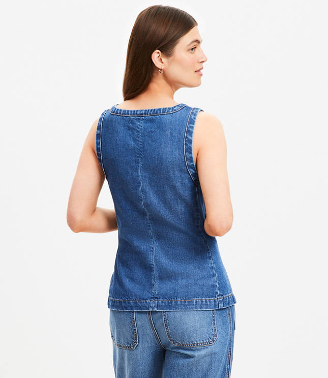 Denim Square Neck Pocket Vest Top in Classic Mid Wash