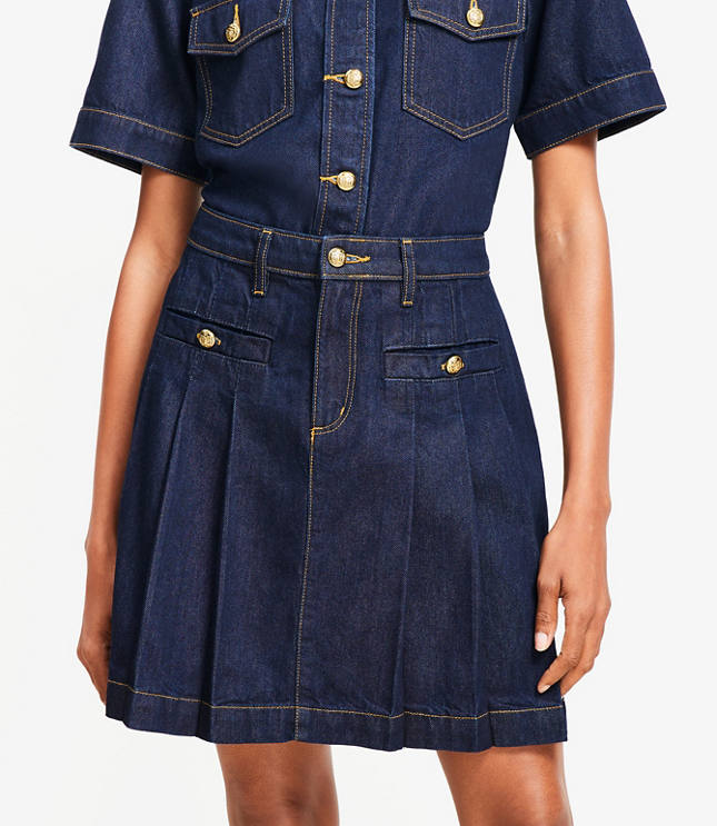 Pleated Denim Mini Skirt Classic Rinse Wash
