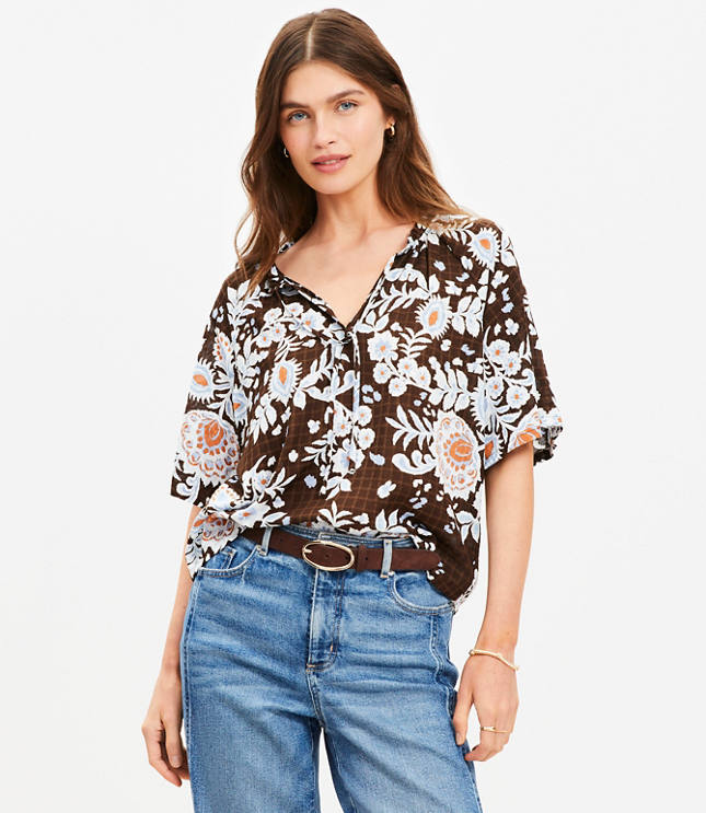 Floral Ruffle Tie Neck Blouse