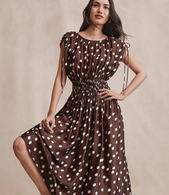 Dotted Satin Shoulder Tie Maxi Dress