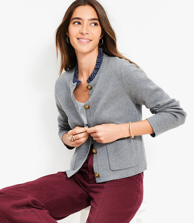 Petite Ruffle Collar Mixed Media Sweater Jacket
