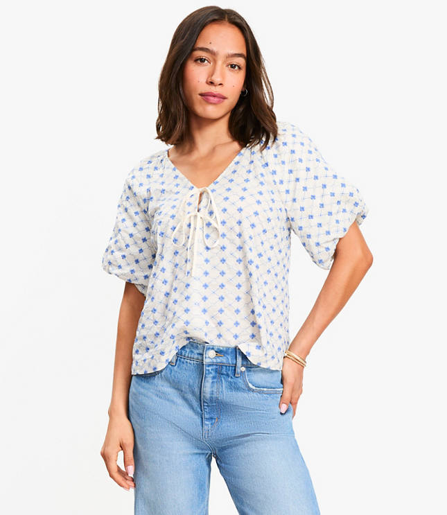 Floral Embroidered Bow Blouse
