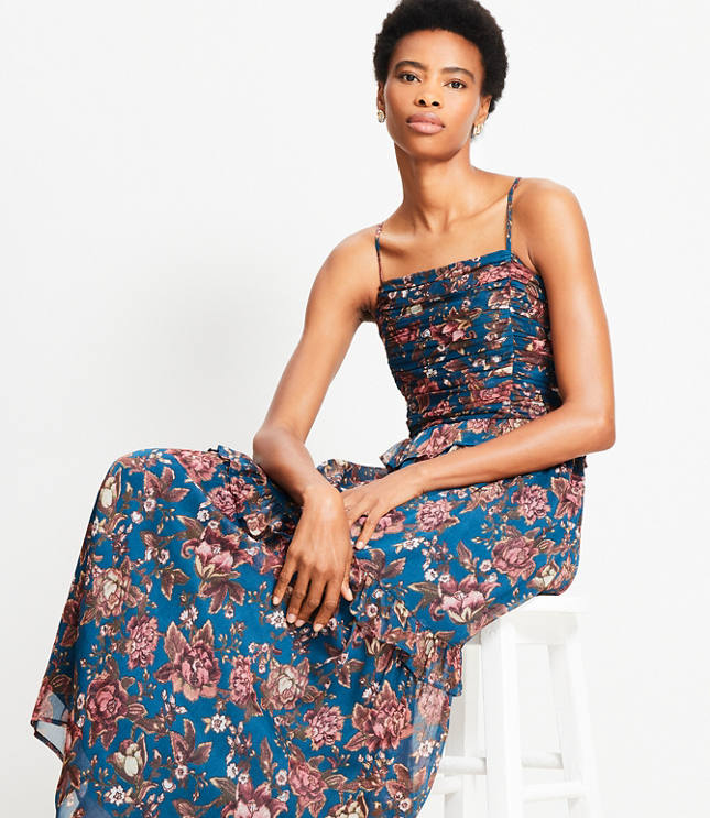 Petite Floral Smocked Strappy Maxi Pocket Dress