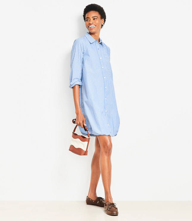 Petite Striped Poplin Bubble Hem Mini Pocket Shirtdress