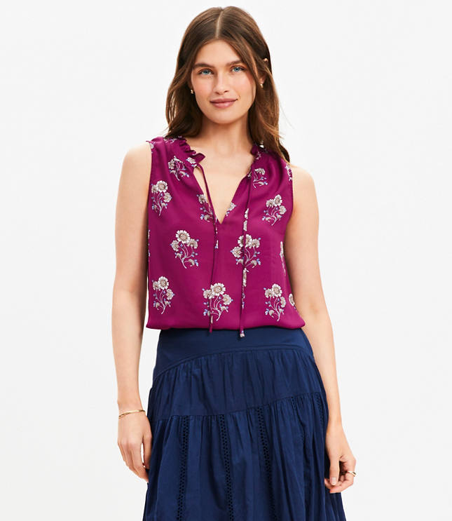 Petite Floral Ruffle Tie Neck Mixed Media Blouse
