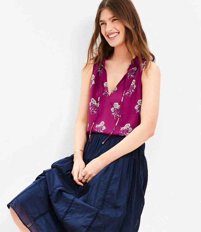 Petite Floral Ruffle Tie Neck Mixed Media Blouse