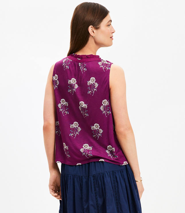 Petite Floral Ruffle Tie Neck Mixed Media Blouse