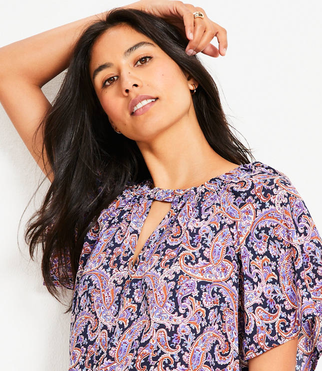 Petite Paisley Cutout Mixed Media Blouse