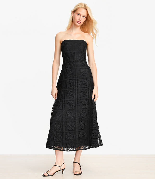 Petite Floral Lace Strapless Midi Pocket Dress