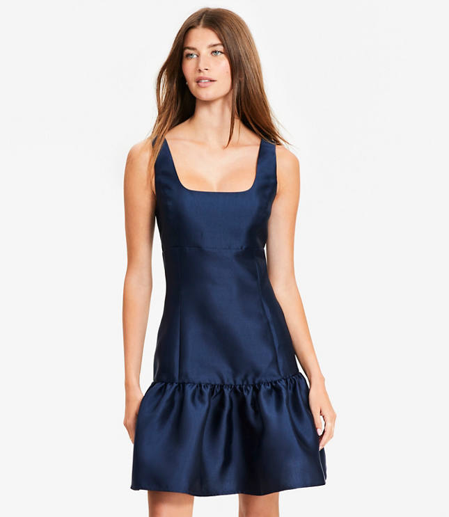 Petite Satin Square Neck Mini Flounce Dress