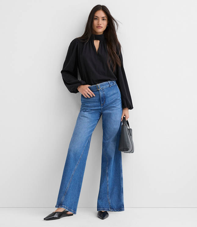 Petite Belted Slim Wide Leg Jeans in Bright Medium Stone Wash
