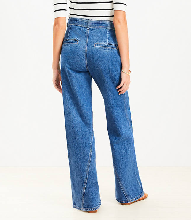 Petite Belted Slim Wide Leg Jeans Bright Medium Stone Wash