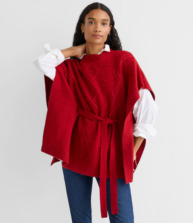 Bobble Cable Belted Poncho Sweater