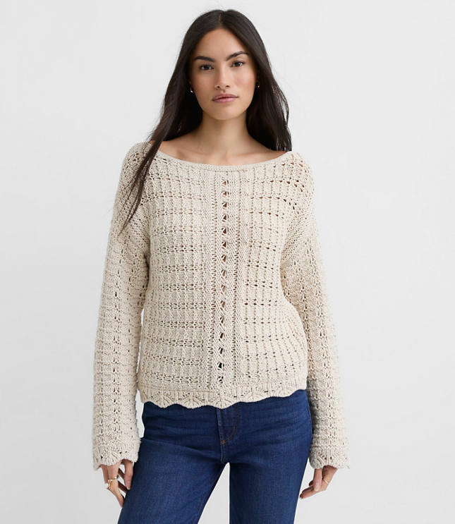 Scalloped Pointelle Boatneck Sweater