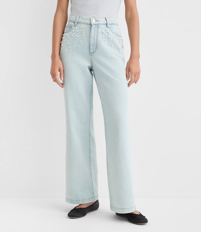 Petite Pearlized High Rise Wide Leg Jeans in Light Vintage Indigo Wash
