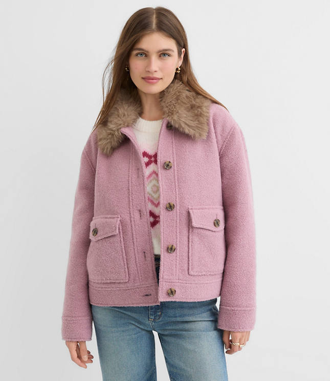 Boucle Faux Fur Collar Shirt Jacket