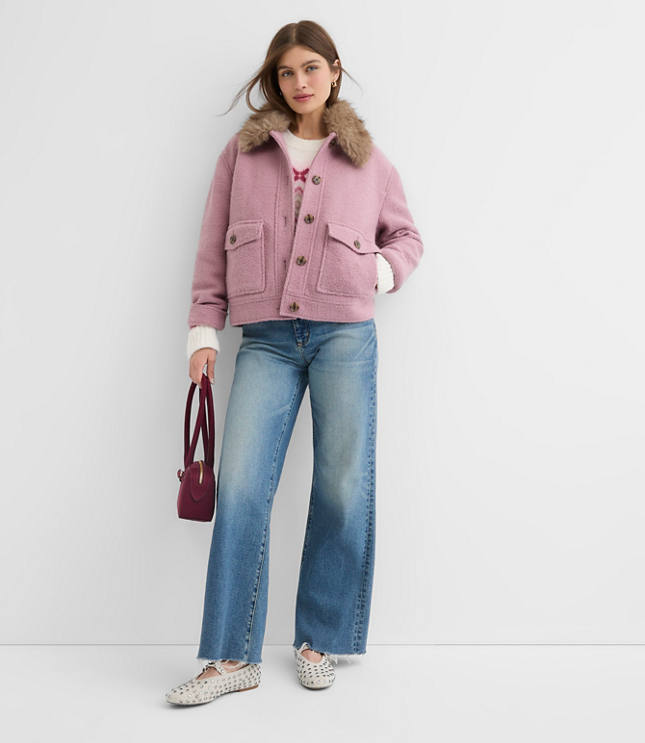 Boucle Faux Fur Collar Shirt Jacket