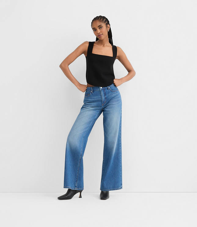 Rivete Petite Mid Rise Wide Leg Jeans in Vintage Dark Wash