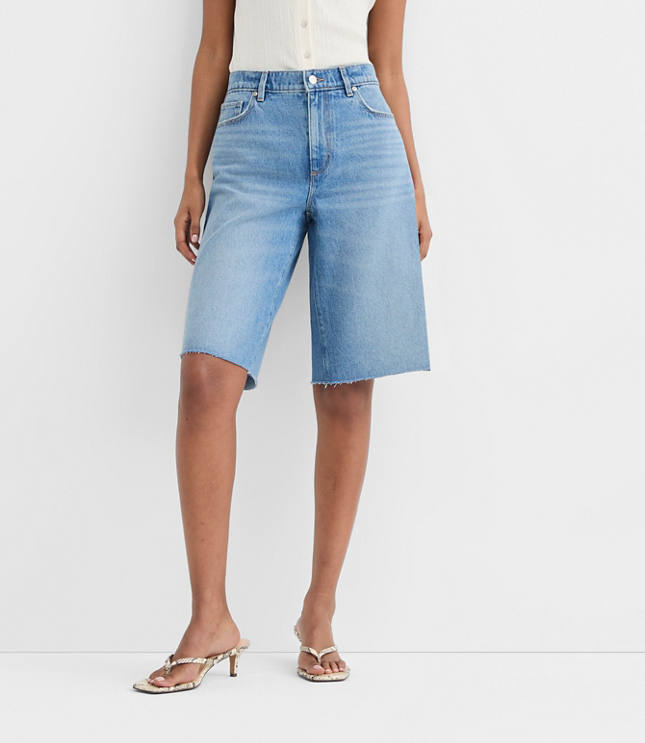 Rivete Petite High Rise Denim Bermuda Shorts in Vintage Mid Wash