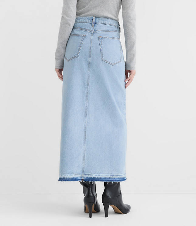 Rivete Petite Front Slit Denim Maxi Skirt in Vintage Light Wash