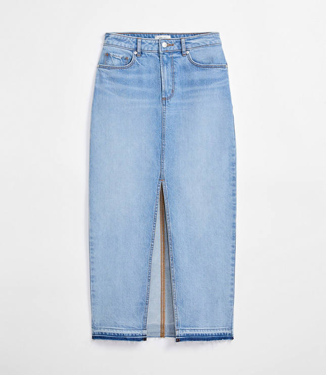 Rivete Petite Front Slit Denim Maxi Skirt in Vintage Light Wash