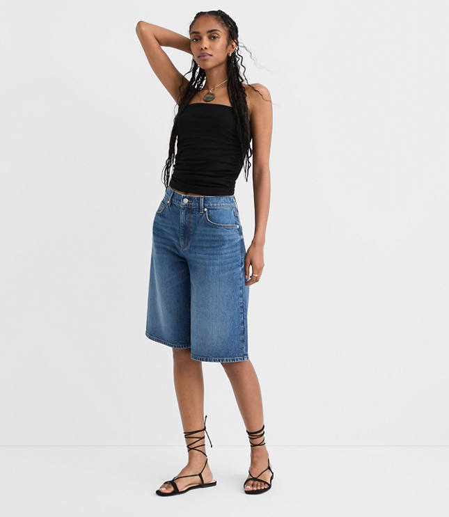 Rivete High Rise Denim Bermuda Shorts in Dark Wash