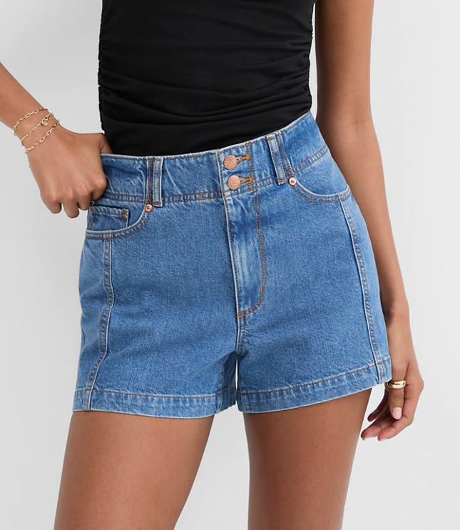 Rivete Petite Seamed High Rise Denim Shorts in Dark Wash